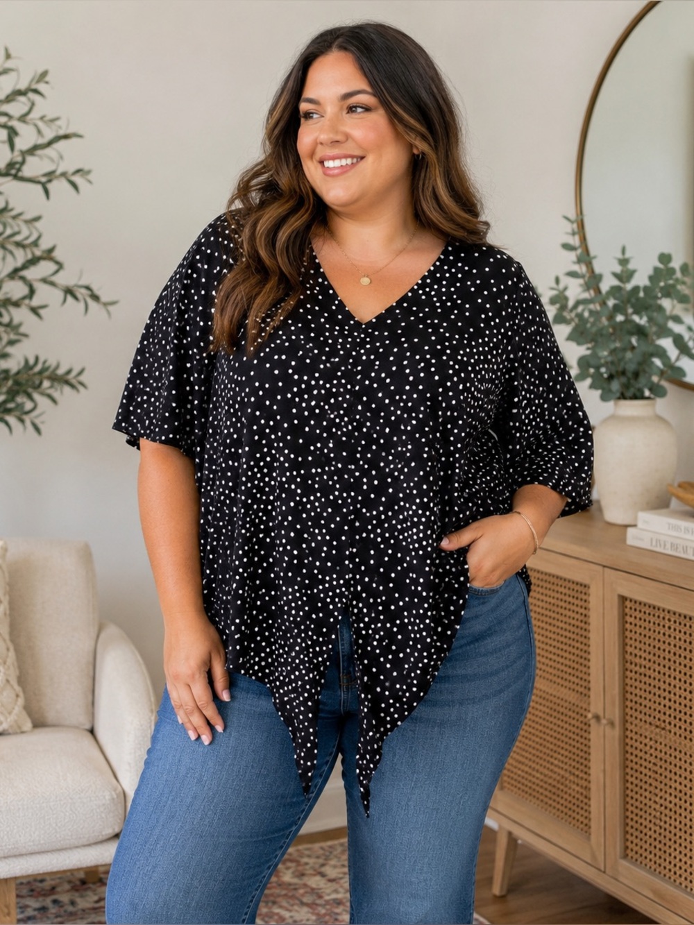 VIISHOW XL Black White Polka Dot Tie Front Blouse V Neck Flutter Sleeve Top - Picture 1 of 8